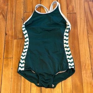 Vintage Dark Green One-Piece Swimsuit with Patterned Side Panels - SMALL
